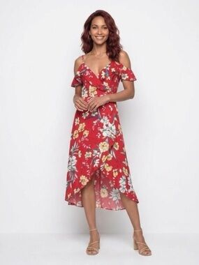 Bershka Red Floral Midi Dress